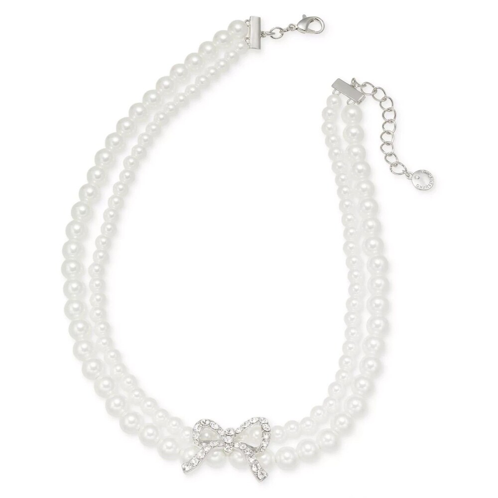 Charter Club Silver Tone Pave Bow Imitation Pearl Layered Necklace 16” + 2” Exte